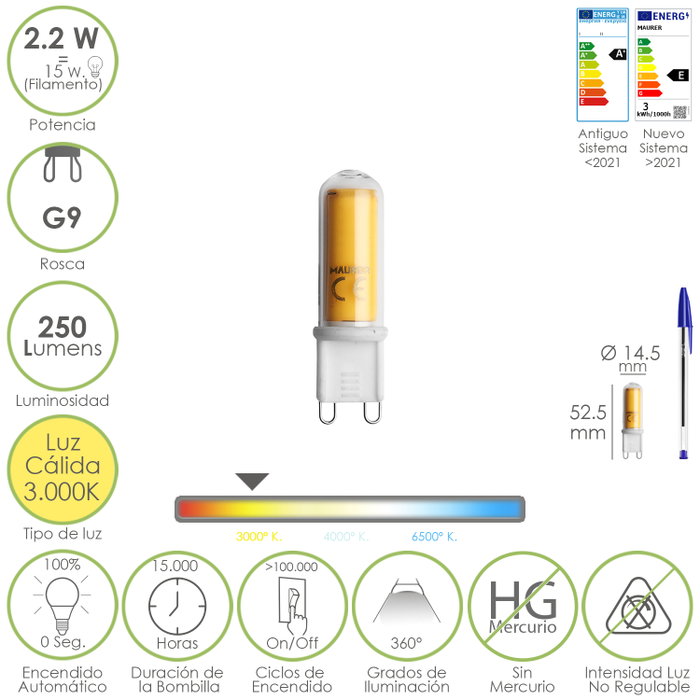 MAURER Ampoule LED G9 2,2 W Lumière Chaude MAURER Ampoule LED G9 2,2 W Lumière Chaude