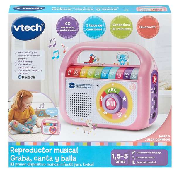 VTech - Lecteur musical Enregistreur Karaoké Danse avec micro, jouet éducatif pour enfants 18 mois à 5 ans - Rose - Dimensions : 14.8x17.5x6 cm - Fonctionne sur piles AA (incluses)
