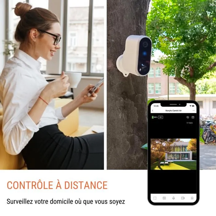Konyks Camini Air 2S - Caméra de sécurité extérieure solaire avec vision nocturne couleur, détection de mouvement, sirène, éclairage, batterie longue autonomie