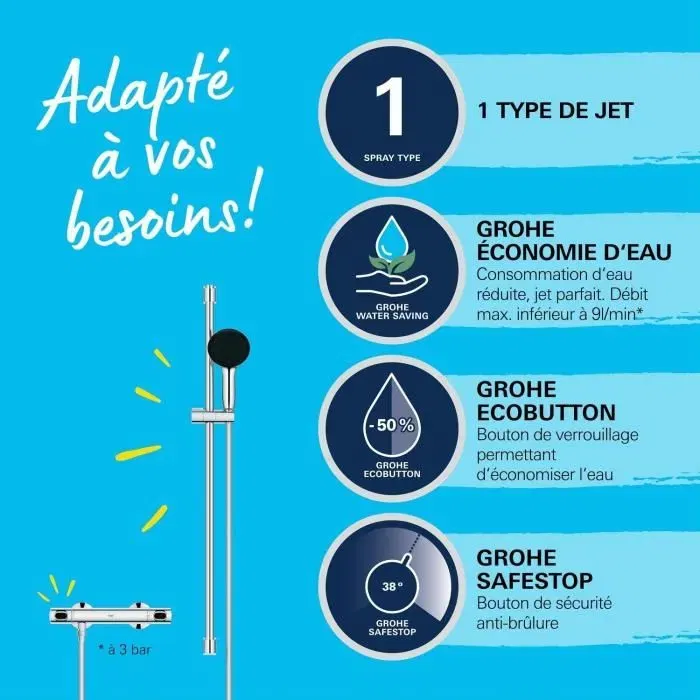 GROHE Mitigeur Thermostatique de Douche, 1 Jet, Ensemble, Réf. 34805001, Gris