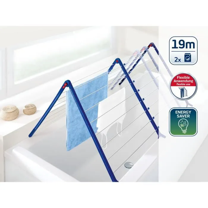 Leifheit Évidoir à Linge Pegasus V Duo 81702 - Séchoir Extensible Blanc et Bleu, Adapté aux Baignoires, Capacité 19 m