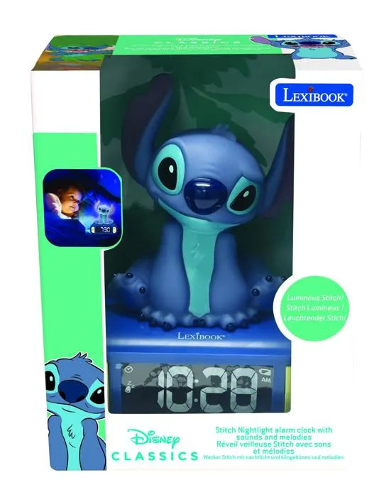 Lexibook - Réveil veilleuse Stitch avec sons et mélodies, écran LCD rétro-éclairé et bouton tactile - Bleu