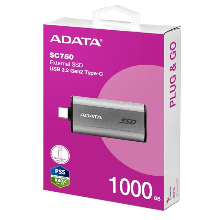 Adata SC750-1000G-CCBK Disque dur externe SSD 1TB, USB 3.2 Gen2 Type-C, Lecture 1050 Mo/s, Gris