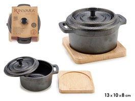 Kinvara Cazuela Ronde Petit Fer Base Bambou 13x8x10 cm Noir Bois (Set de 12)