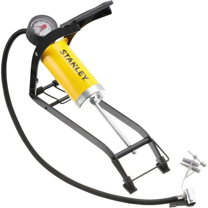 Stanley Pompe à pied - Réf. STHT80894-1 - Pression maxi 100 psi / 6.9 bars - Pour pneus voiture, vélo, ballons - Compacte et légère avec 3 adaptateurs