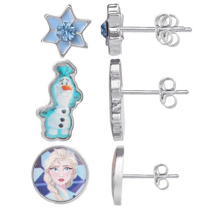 Peers Hardy - Set de 3 paires de boucles d'oreilles Frozen Disney avec flocons de neige, Olaf, Elsa et Anna