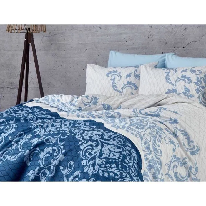 Parure de lit King, 1 housse de couette 240 x 220 cm et 2 taies d'oreiller 60 x 60 cm, en 100% coton renforcé 140 fils, bleu - Lit confortable et élégant