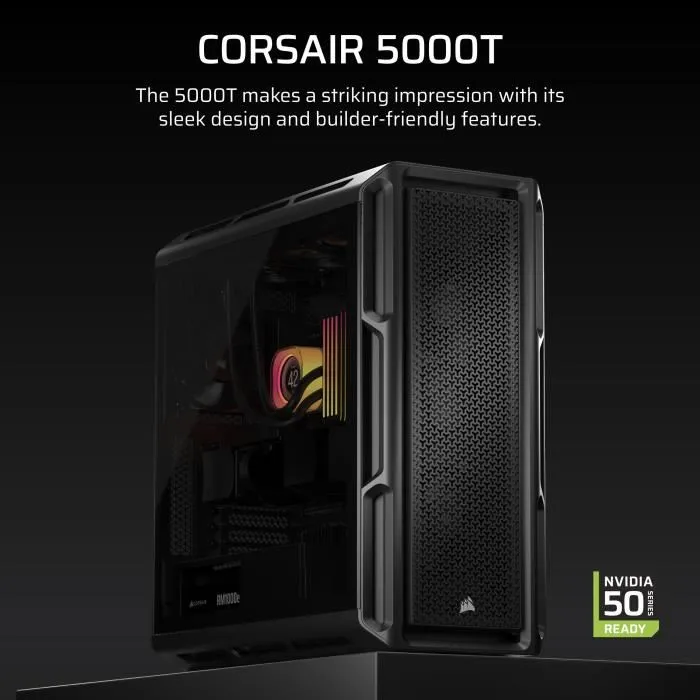 Corsair 5000T Boîtier PC Moyen Tour Noir - Compatible BTF & Project Zero, Refroidissement Optimisé, Panneaux Amovibles, Design Épuré