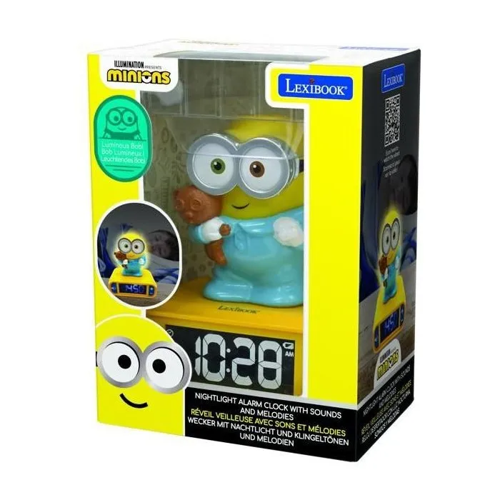 Lexibook Réveil Veilleuse Digital Les Minions 3D Lumineux et Sonore, Écran LCD, Sons et Alarmes, Alimentation Piles - Jaune et Bleu