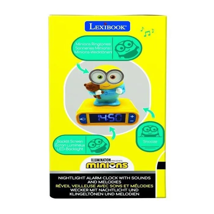 Lexibook Réveil Veilleuse Digital Les Minions 3D Lumineux et Sonore, Écran LCD, Sons et Alarmes, Alimentation Piles - Jaune et Bleu