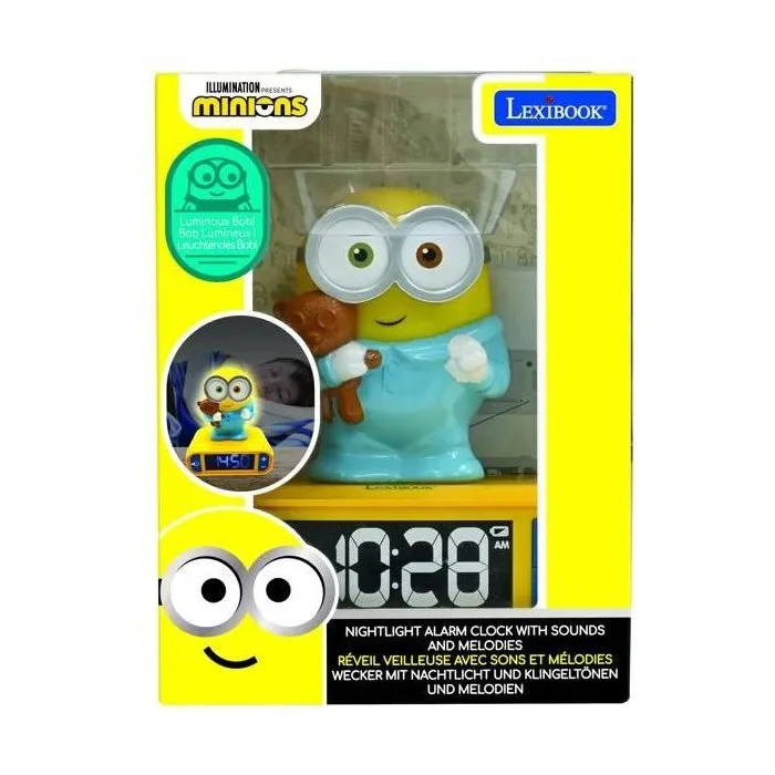 Lexibook Réveil Veilleuse Digital Les Minions 3D Lumineux et Sonore, Écran LCD, Sons et Alarmes, Alimentation Piles - Jaune et Bleu