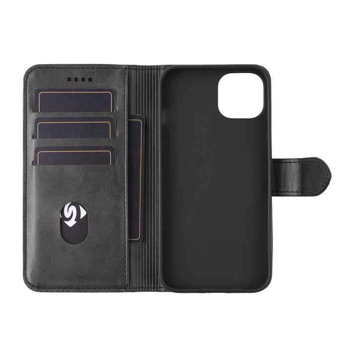 eSTUFF Coque portefeuille en cuir pour iPhone 12 - Modèle WALES - Noir avec fermeture magnétique, 3 emplacements cartes et fonction support