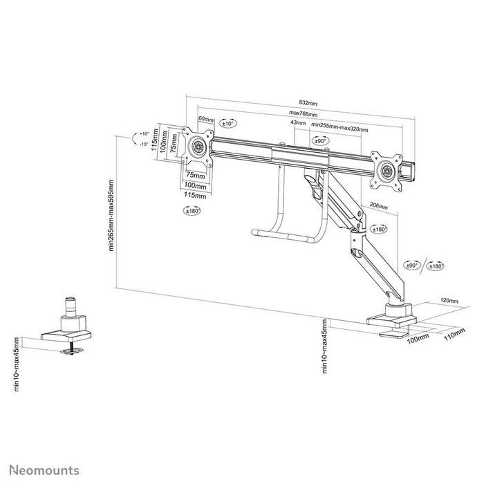 Neomounts Support de bureau double NM-D775DXBLACK Noir pour 2 écrans jusqu'à 32" (81 cm), inclinaison, rotation, pivot, ajustable en hauteur, VESA 100x100