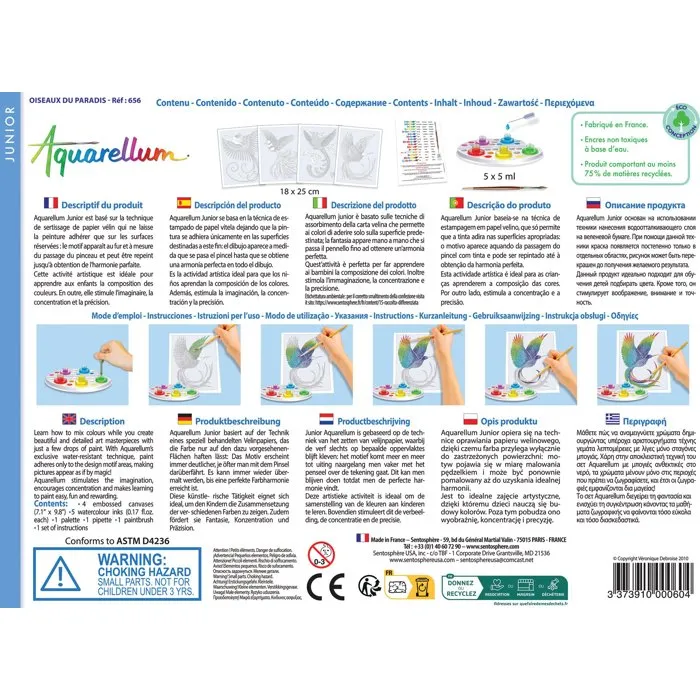 Sentosphere Aquarellum Junior Oiseaux du Paradis - Peinture aquarelle kit enfant 6 ans - 5 couleurs sertissage papier vélin - Activité artistique éducative