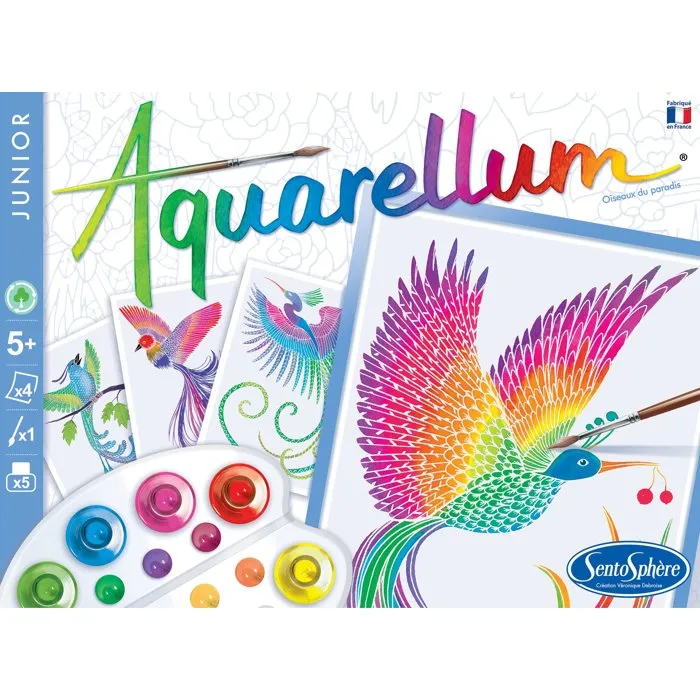 Sentosphere Aquarellum Junior Oiseaux du Paradis - Peinture aquarelle kit enfant 6 ans - 5 couleurs sertissage papier vélin - Activité artistique éducative