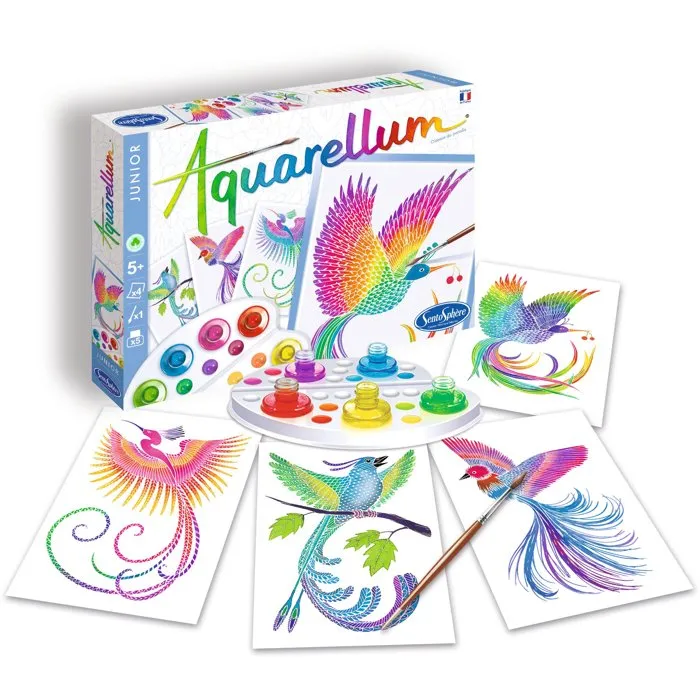 Sentosphere Aquarellum Junior Oiseaux du Paradis - Peinture aquarelle kit enfant 6 ans - 5 couleurs sertissage papier vélin - Activité artistique éducative