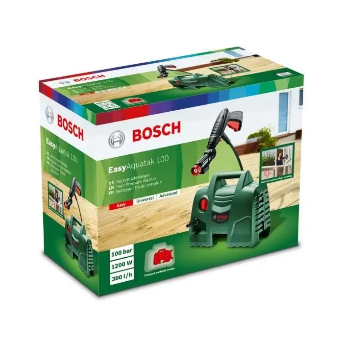 Bosch EasyAquatak 100 Nettoyeur haute pression 1200 W, 100 bar, débit max 300 L/h pour nettoyage facile (carrosserie, patio, meubles)
