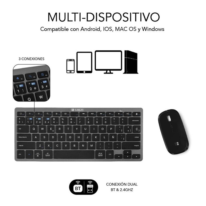 clavier et souris Subblim SUBKBC-OCO020 Noir Gris (2 Unités)