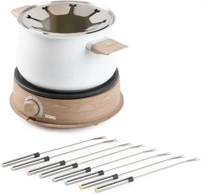 Domo DO736F - Appareil à fondue électrique - 1500 W - Capacité 2 L pour 8 personnes - Blanc et bois - Thermostat réglable