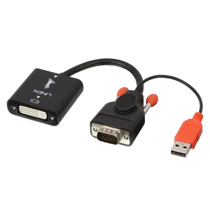 Lindy Câble de conversion VGA vers DVI-D - Convertisseur numérique compact avec alimentation USB Type A pour résolution 1920x1200@60Hz, source VGA mâle vers sortie DVI femelle