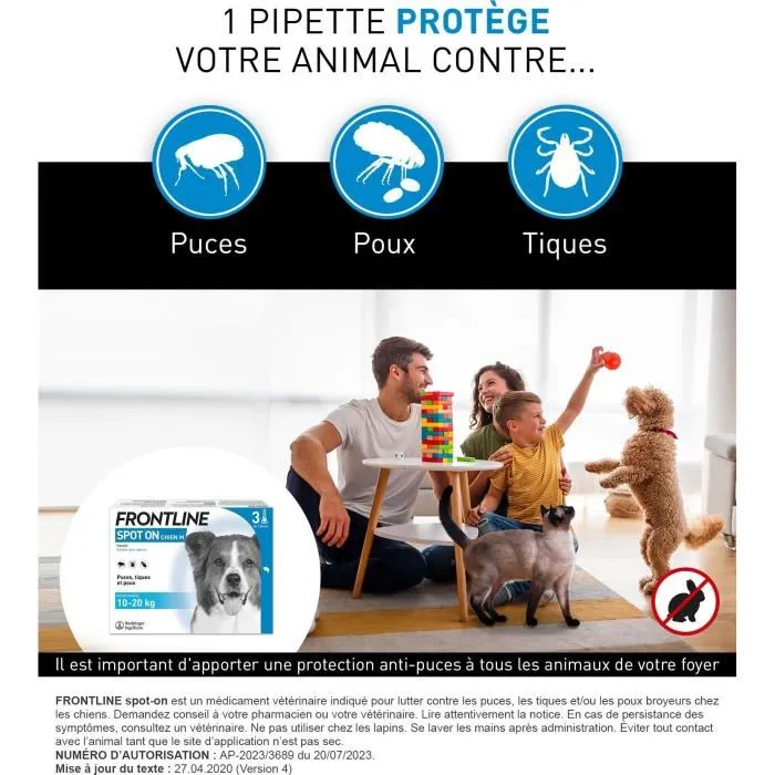Frontline Spot On Chien - Anti-puces et anti-tiques pour chiens de 10 à 20 kg, 3 pipettes, fipronil