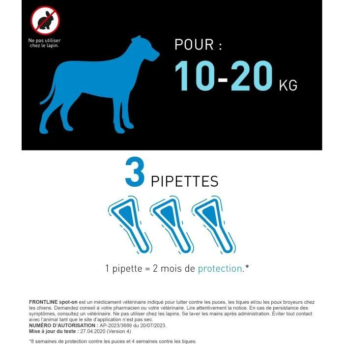 Frontline Spot On Chien - Anti-puces et anti-tiques pour chiens de 10 à 20 kg, 3 pipettes, fipronil