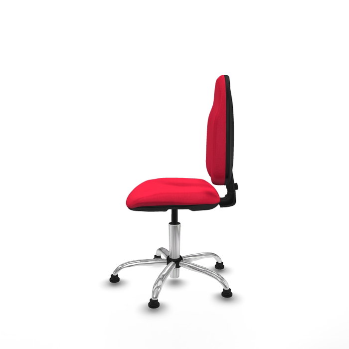 Chaise de bureau Algarra avec mécanisme de contact permanent de base, rembourrée de tissu rouge. Équipée d'une base chromée, sans accoudoirs et avec butées