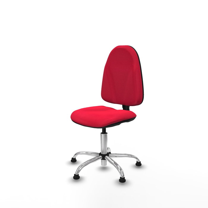 Chaise de bureau Algarra avec mécanisme de contact permanent de base, rembourrée de tissu rouge. Équipée d'une base chromée, sans accoudoirs et avec butées