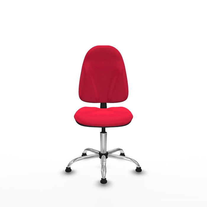 Chaise de bureau Algarra avec mécanisme de contact permanent de base, rembourrée de tissu rouge. Équipée d'une base chromée, sans accoudoirs et avec butées