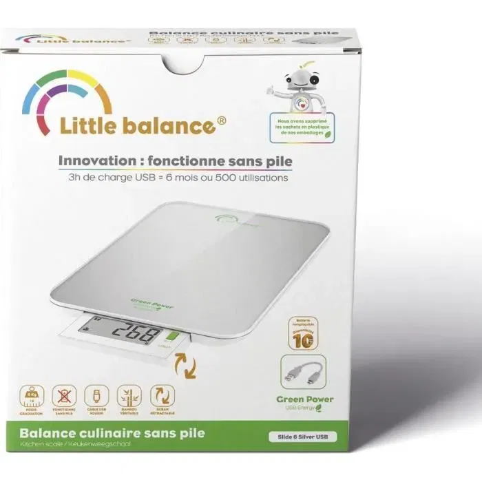 Little Balance Slide 6 - Balance de cuisine électronique sans pile USB, écran rétractable et plateau XL Little Balance Slide 6 - Balance de cuisine électronique sans pile USB, écran rétractable et plateau XL