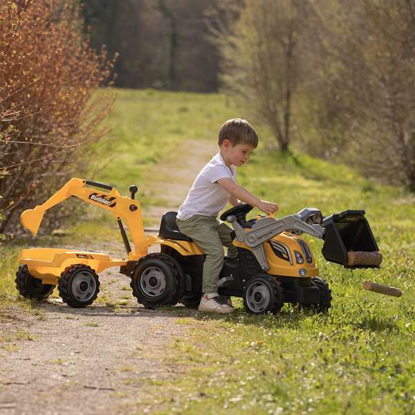 Smoby Tracteur à pédales Builder Max Jaune avec Remorque et Pelleteuse Smoby Tracteur à pédales Builder Max Jaune avec Remorque et Pelleteuse