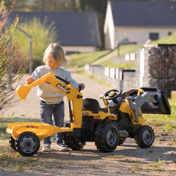 Smoby Tracteur à pédales Builder Max Jaune avec Remorque et Pelleteuse Smoby Tracteur à pédales Builder Max Jaune avec Remorque et Pelleteuse