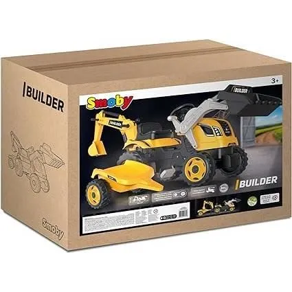 Smoby - Tracteur à pédales Builder Max Jaune avec pelleteuse, pelle et remorque démontable - Jeu de construction enfant 3+ ans