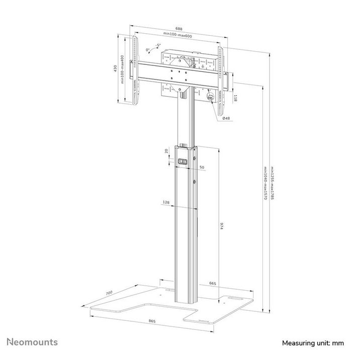 Neomounts FL45S-825BL1 Support au sol réglable pour écran plat 37 à 75 pouces, capacité 70 kg, gestion de câbles, compartiment verrouillable