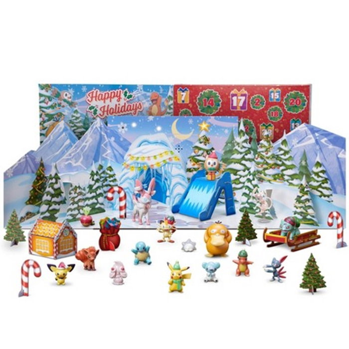 Jazwares Calendrier de l'Avent Pokémon Deluxe Holiday Version – 16 figurines et 9 accessoires avec éclairage et musique