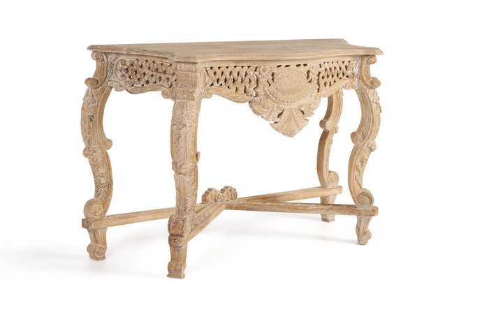 GINER Y COLOMER Console en bois de manguier blanc vieilli, sculpture main, style rustique - Dimensions 76x120x42 cm
