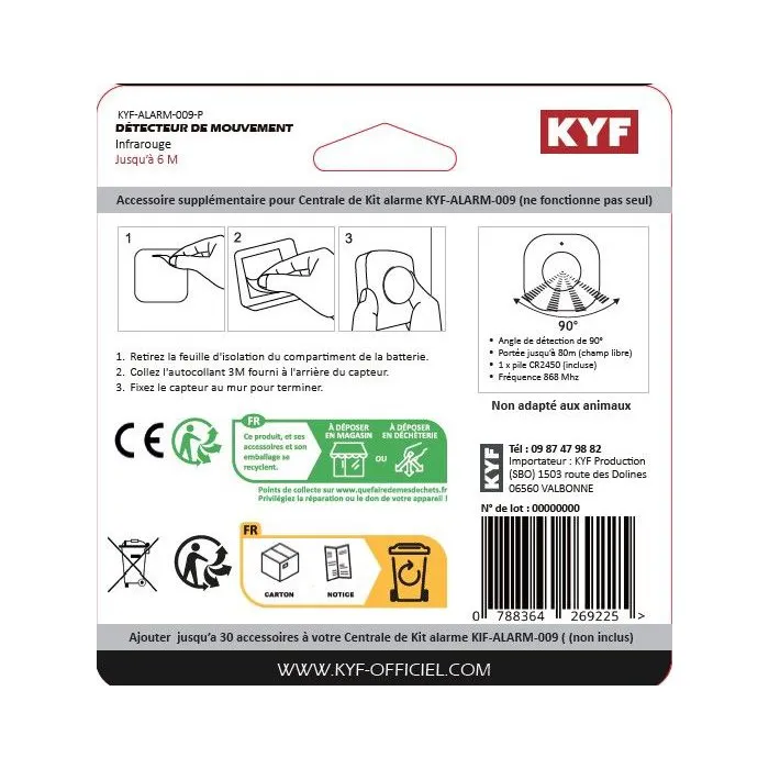 Kyf Détecteur de mouvement supplémentaire KYF-ALARM-012 pour extension de zone, compatible KYF-ALARM-009