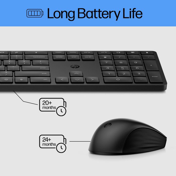 HP Ensemble Clavier et Souris Sans Fil Référence 650 - Durable et Facile à Nettoyer