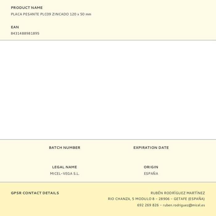 Micel Plaque pesante Plc09 en acier zincé 120 x 50 x 2,5 mm