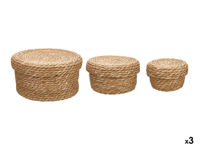 Giftdecor Lot de 3 paniers ronds avec couvercle en fibre naturelle 28x14.5x28 cm (Set de 6)