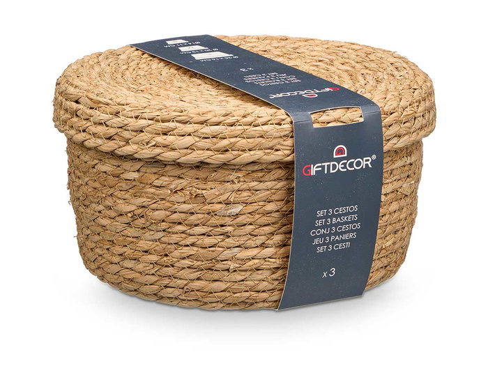 Giftdecor Lot de 3 paniers ronds avec couvercle en fibre naturelle 28x14.5x28 cm (Set de 6)
