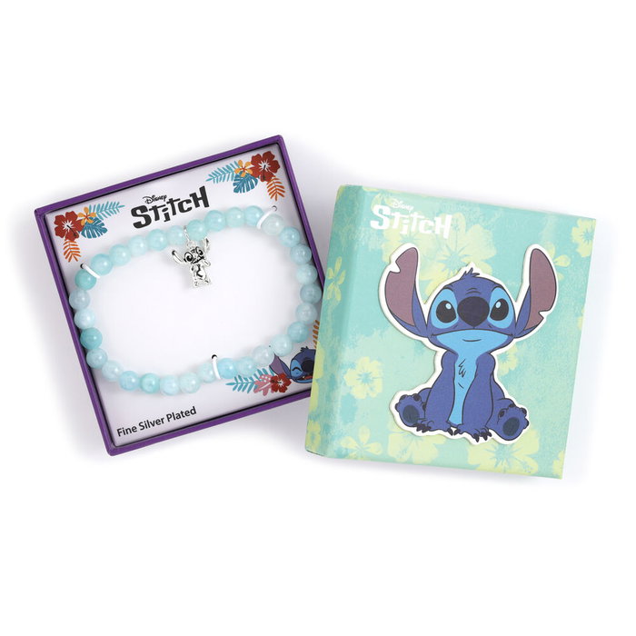 Disney Pulsera Stitch en Argent Baïné avec Perles Bleu Clair - Bracelet Extensible et Pendentif Adorable