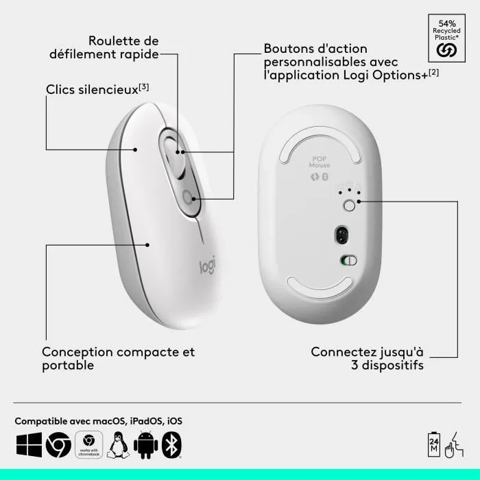 Logitech Pop Mouse - Souris sans fil Bluetooth et FLOW - Blanc cassé - Connexion multi-appareils pour Windows, Mac, Chrome OS, Android - Bouton Easy-Switch