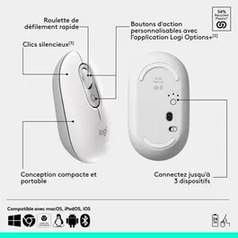 Logitech Pop Mouse - Souris sans fil Bluetooth et FLOW - Blanc cassé - Connexion multi-appareils pour Windows, Mac, Chrome OS, Android - Bouton Easy-Switch