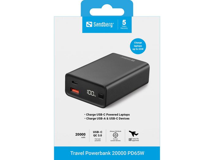 Sandberg Travel - Powerbank Externe 20000mAh Aluminium - 65W PD - Recharge Rapide USB-C/USB-A/QC 3.0 - Pour Ordinateurs Portables et Appareils Mobiles