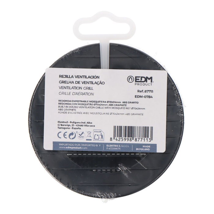 EDM Réf EDM020 Rejille de ventilation ronde encastrable avec moustiquaire Ø70mm ABS gris anthracite