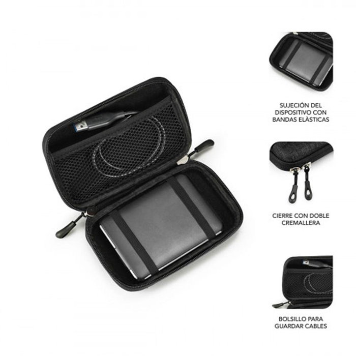Subblim Housse de protection pour disque dur 2.5 pouces, étui rigide anti-choc, compartiments pour câbles, USB et cartes, Noir