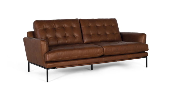 Giner y Colomer - Canapé 3 places en cuir véritable, style vintage avec capitonnage et pieds en métal bronze - Marron (L200 x P90 x H83 cm) Giner y Colomer - Canapé 3 places en cuir véritable, style vintage avec capitonnage et pieds en métal bronze - Marron (L200 x P90 x H83 cm)