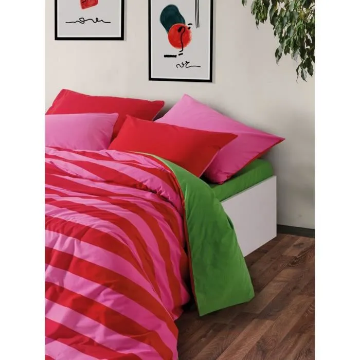 Parure de lit king-size en coton renforcé - Housse de couette 240 x 220 cm + 2 taies d'oreiller 60 x 60 cm - Couleurs rose, vert, fuchsia - Lavable machine