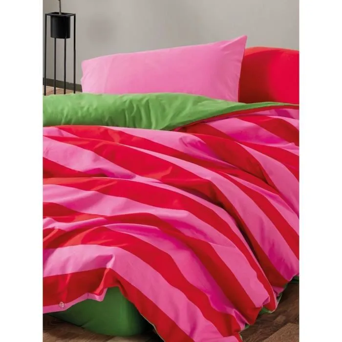 Parure de lit king-size en coton renforcé - Housse de couette 240 x 220 cm + 2 taies d'oreiller 60 x 60 cm - Couleurs rose, vert, fuchsia - Lavable machine